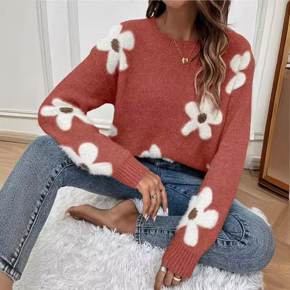 Mode pull col rond manches longues pull Jacquard couleur unie haut tricoté pour les femmes