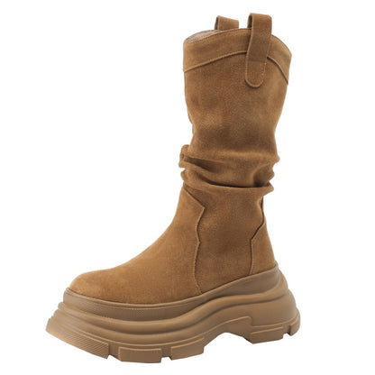 Bottes de style à poils plissés givrés à bout rond et à semelle épaisse