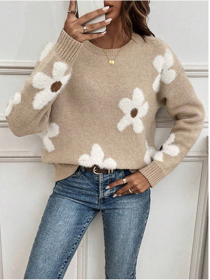 Mode pull col rond manches longues pull Jacquard couleur unie haut tricoté pour les femmes