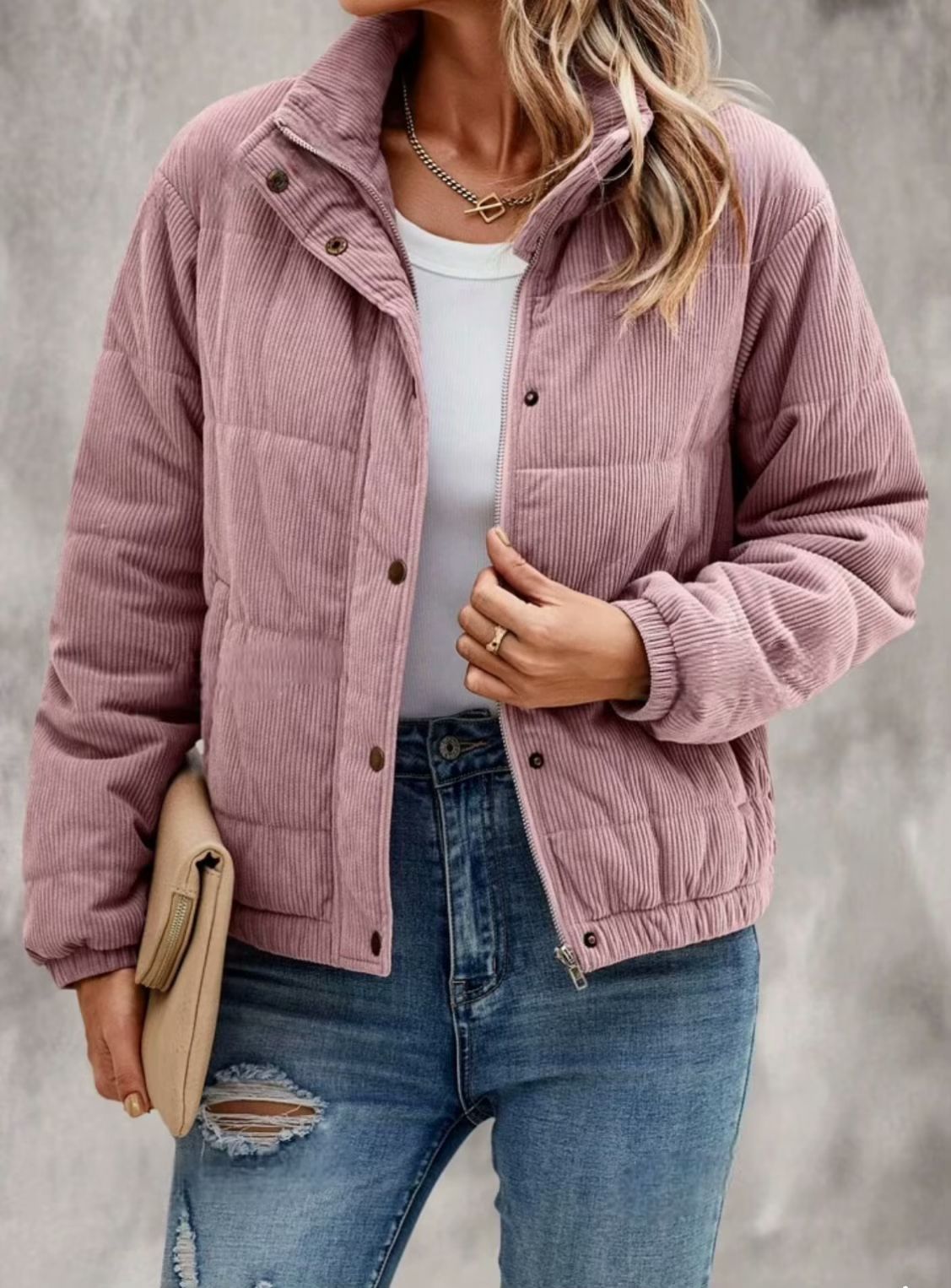 Veste courte en coton pour femmes, manteau à manches longues et col roulé