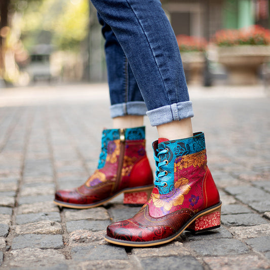 Bottes ethniques rétro décontractées, impression de dentelle, bottes de cowboy à motif foncé