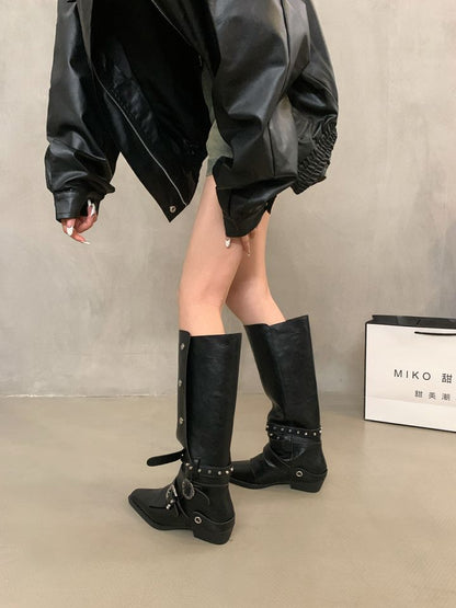 Bottes de chevalier hautes à rivets rétro pour femmes