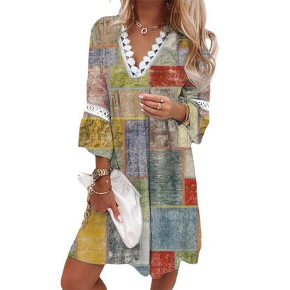 Printemps imprimé dentelle couture bohème décontracté vacances style robe