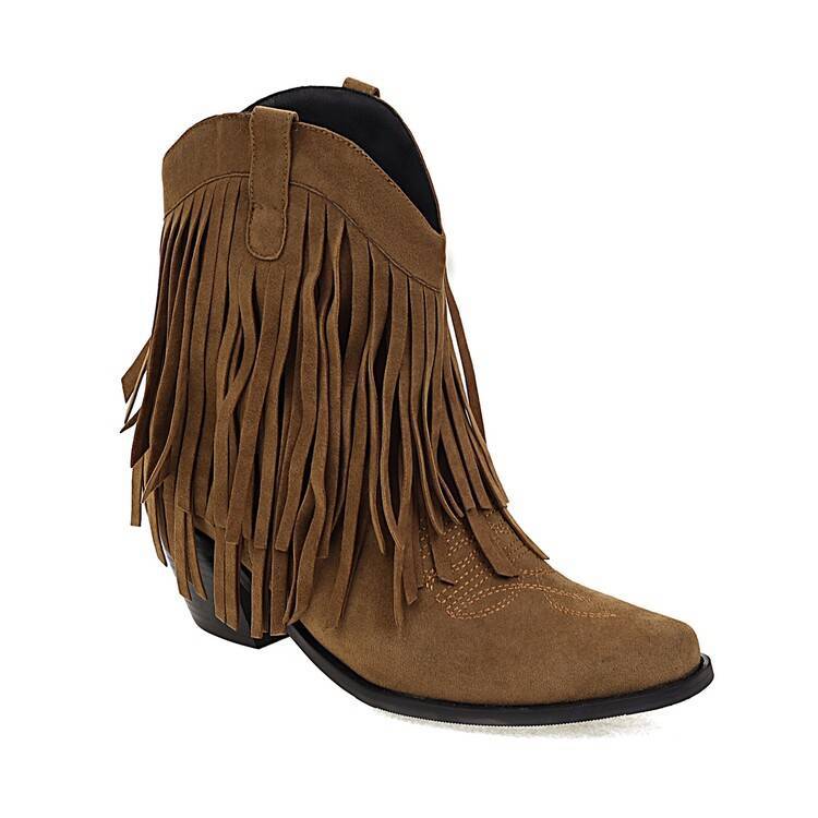 Botte de cowboy brodée à bout carré et talon épais avec pompon pour femme.