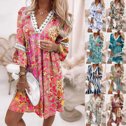 Printemps imprimé dentelle couture bohème décontracté vacances style robe