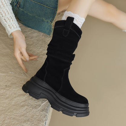 Bottes de style à poils plissés givrés à bout rond et à semelle épaisse