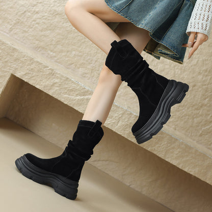 Bottes de style à poils plissés givrés à bout rond et à semelle épaisse