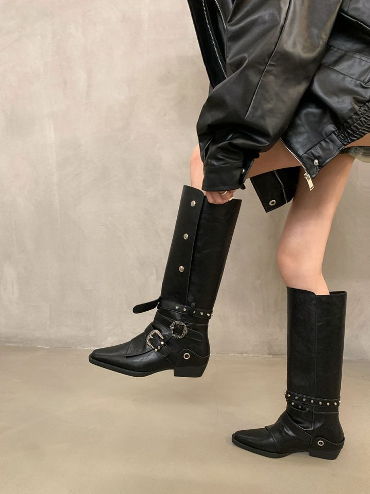 Bottes de chevalier hautes à rivets rétro pour femmes