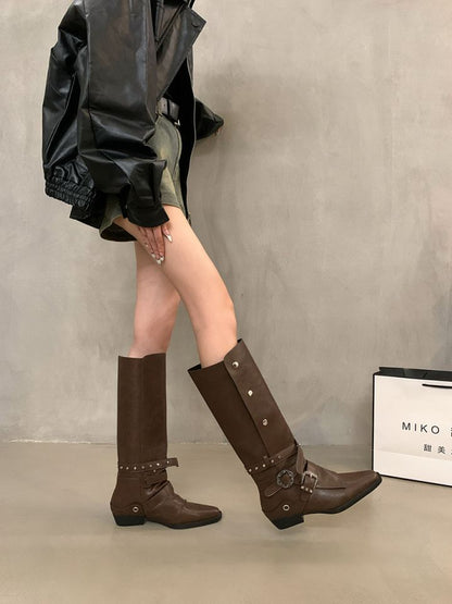 Bottes de chevalier hautes à rivets rétro pour femmes