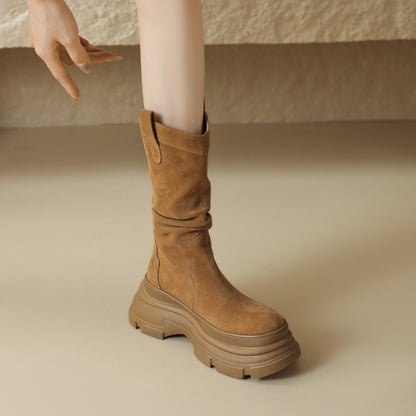 Bottes de style à poils plissés givrés à bout rond et à semelle épaisse