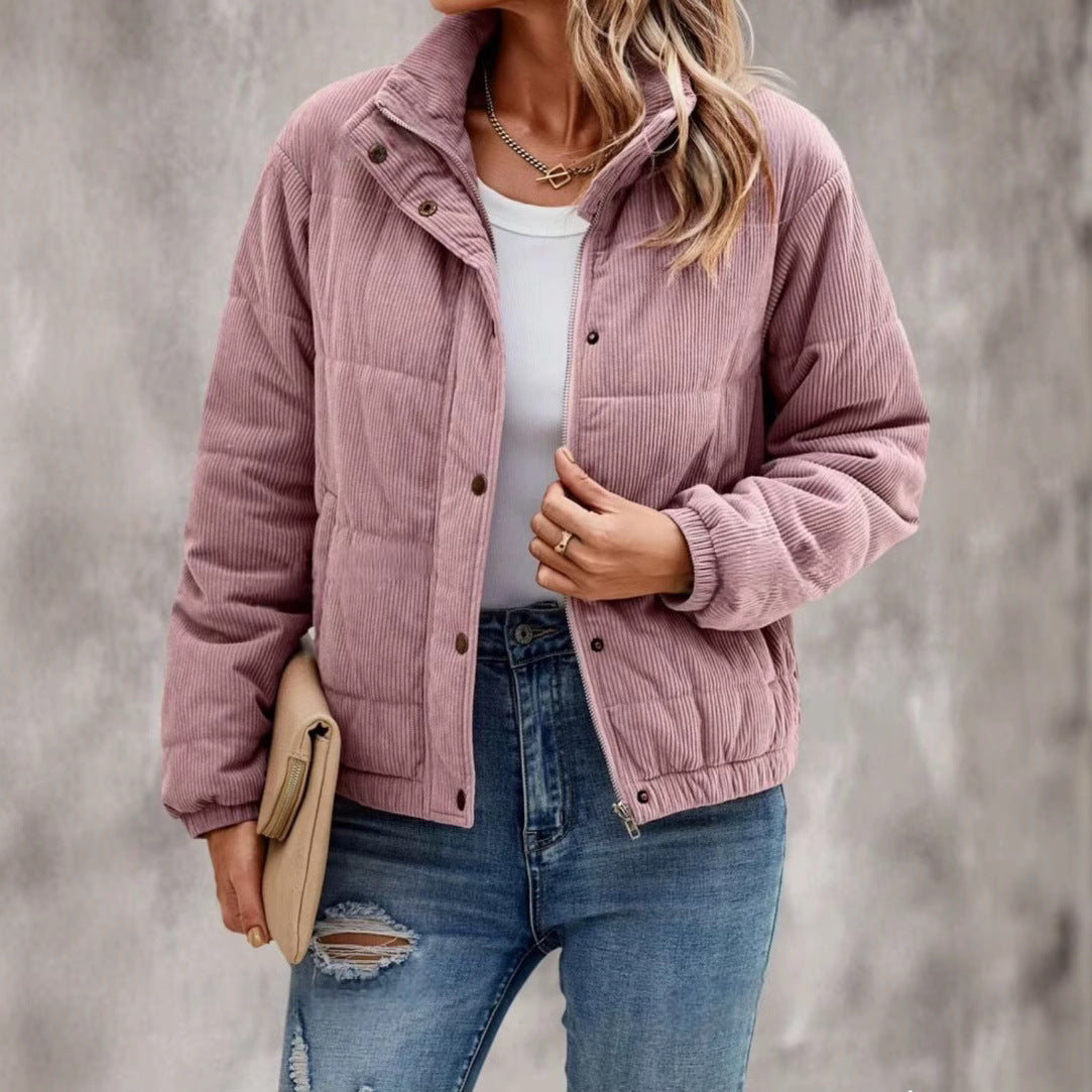 Veste courte en coton pour femmes, manteau à manches longues et col roulé