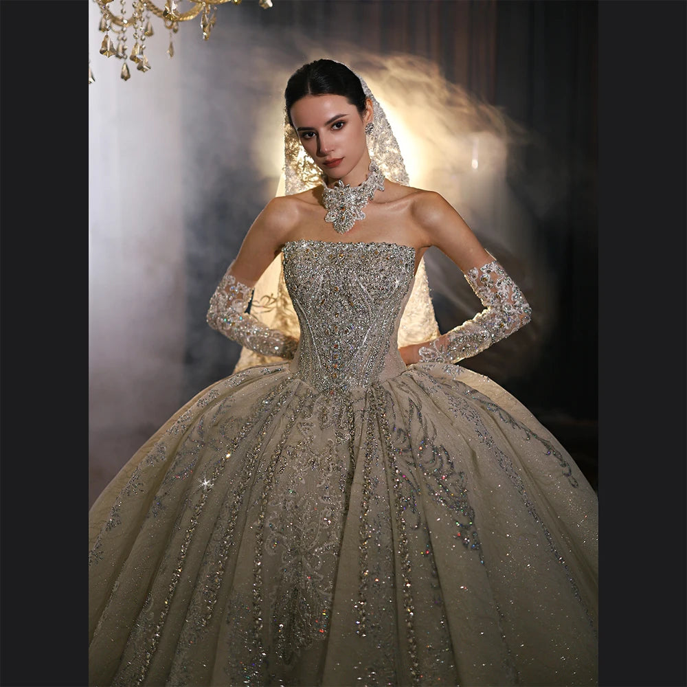 Beaded Strapless Wedding Dress Detachable Sleeves