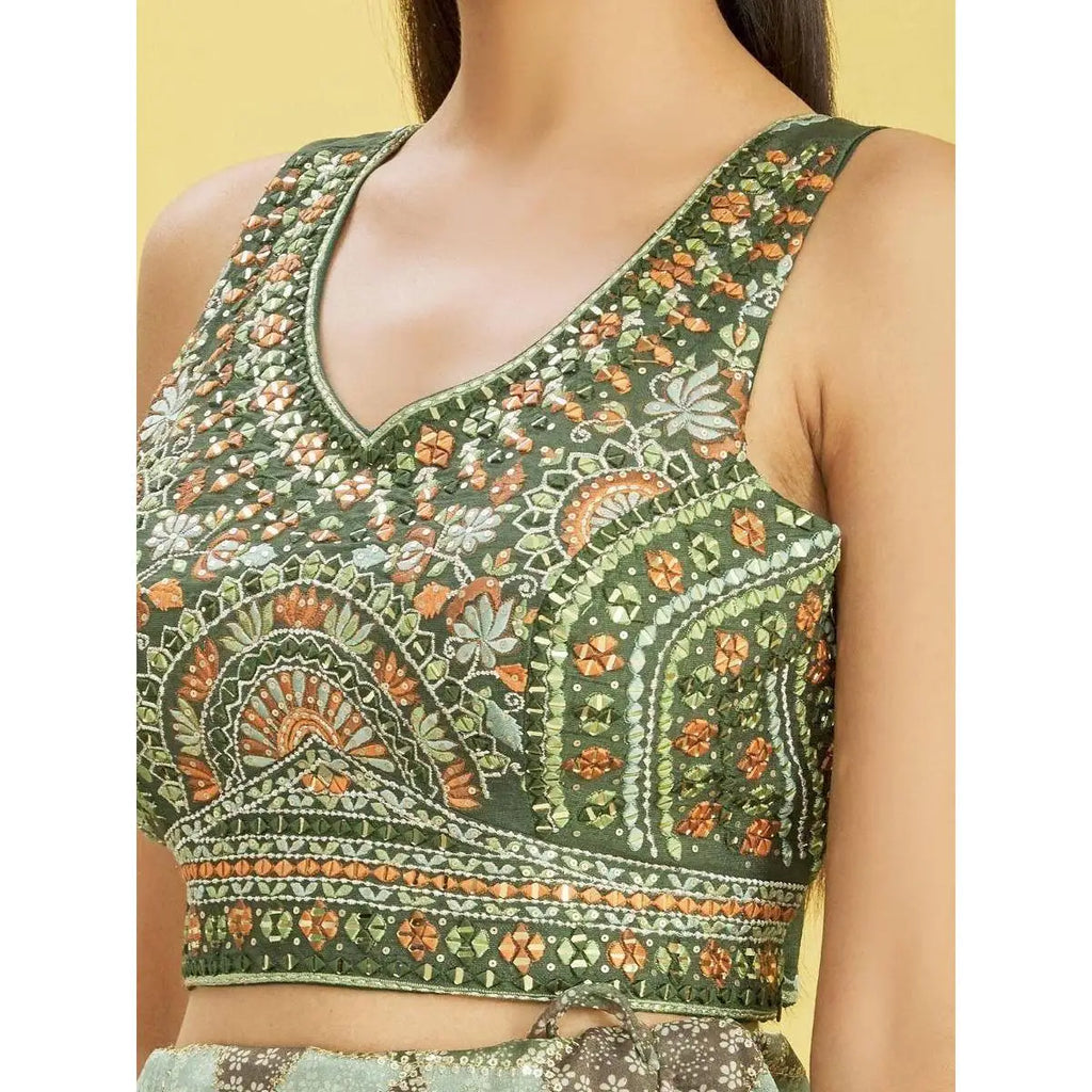 Embroidered Green Chinon Lehenga Choli