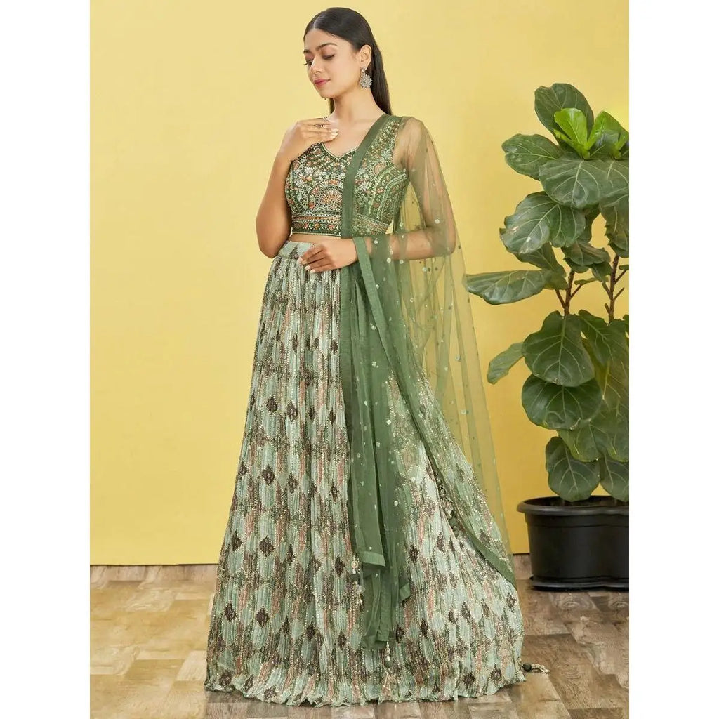 Embroidered Green Chinon Lehenga Choli