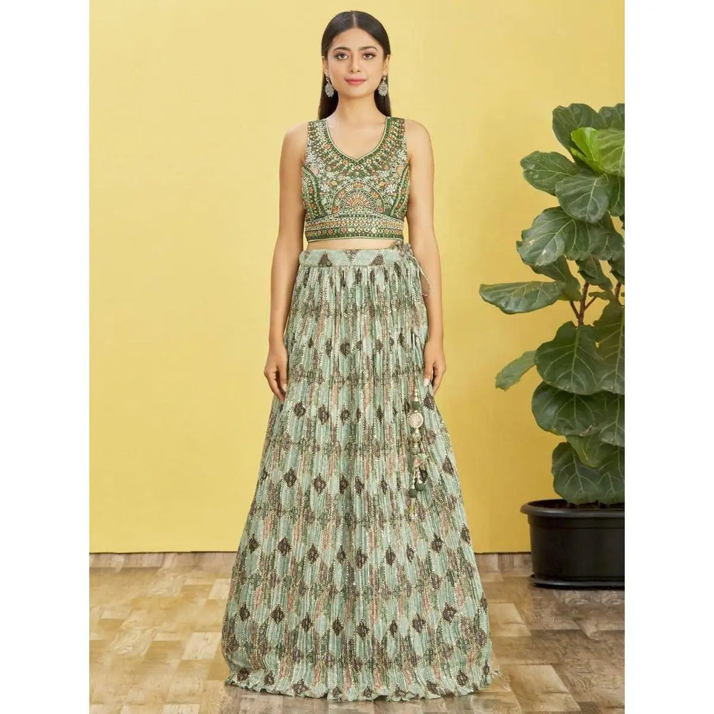 Embroidered Green Chinon Lehenga Choli