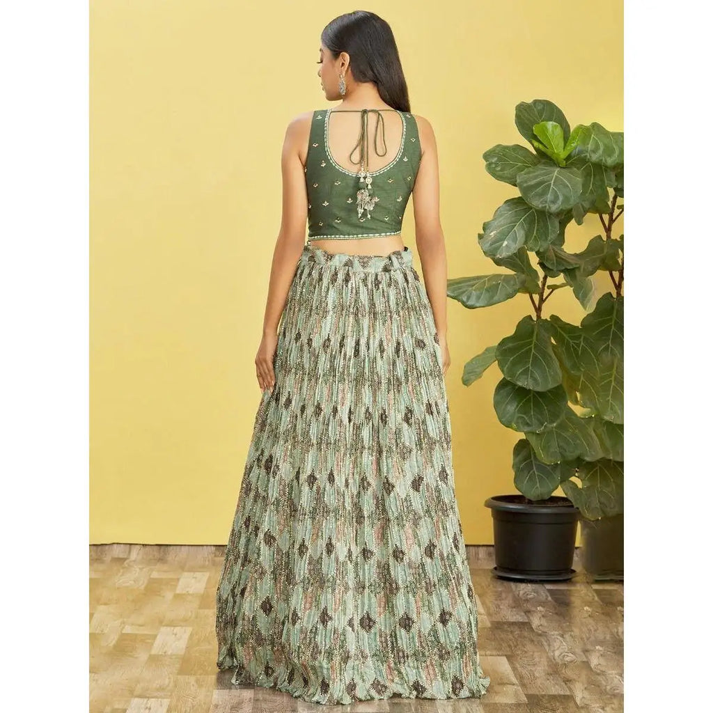 Embroidered Green Chinon Lehenga Choli