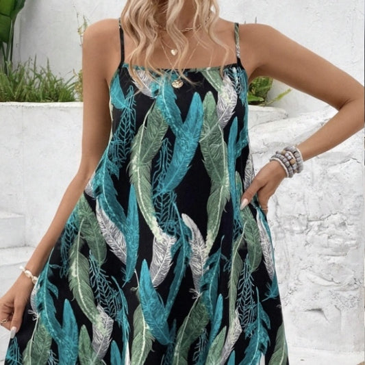 Robe à Bretelles Fines Imprimée avec Encolure Carrée