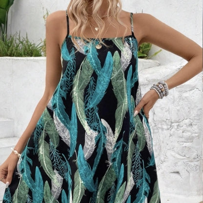 Robe à Bretelles Fines Imprimée avec Encolure Carrée