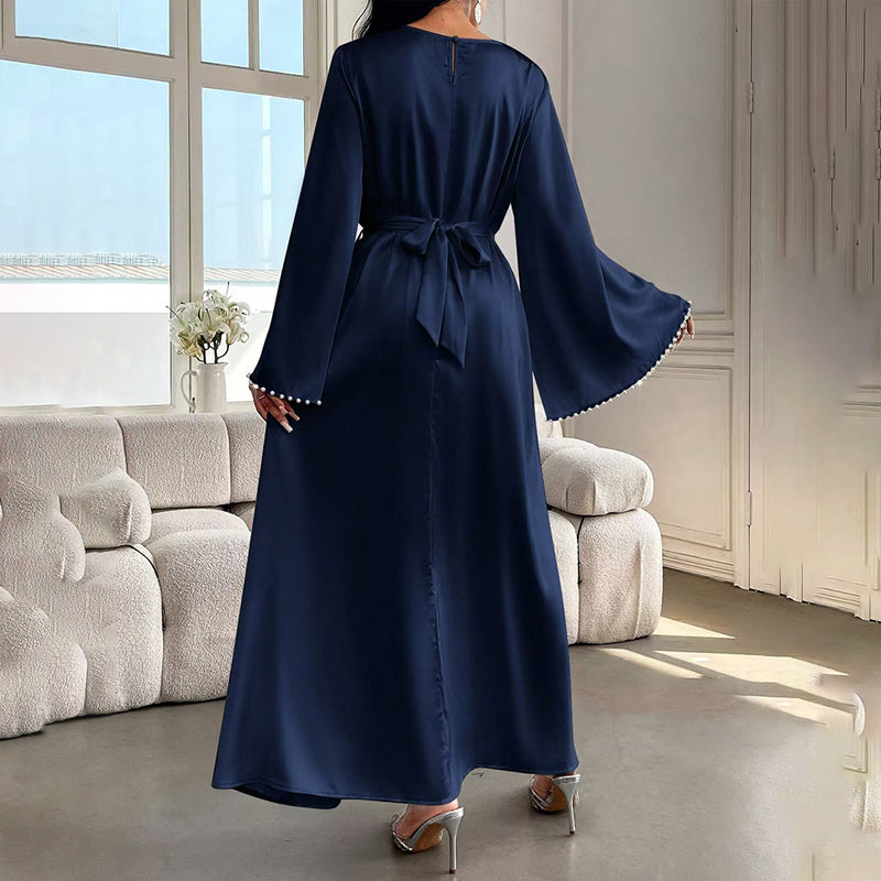 Robe Longue Élégante à Manches Longues avec Détail de Perles