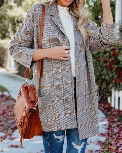 Veste de costume décontractée à col ouvert et imprimé à carreaux pour femme