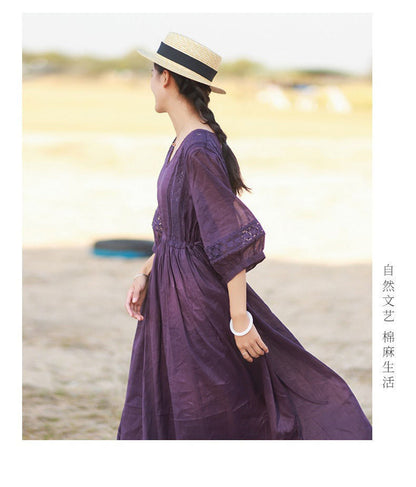Robe artistique manches 3/4 à col V avec lacets
