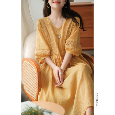 Robe artistique manches 3/4 à col V avec lacets