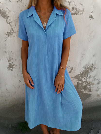 Robe Chemise Ample en Coton et Lin – Col V, Manches Courtes, Couleur Unie