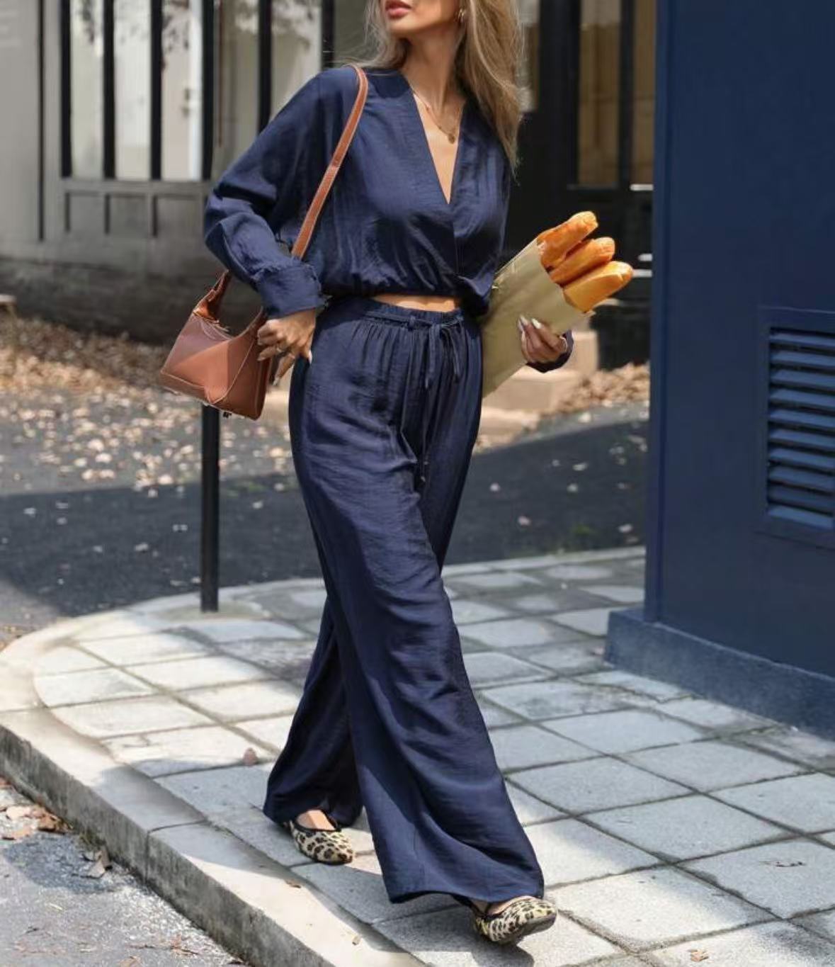 Costume haut à manches longues et col en v pour femmes, vêtements à la mode