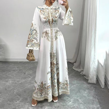 Robe Maxi Élégante à Col Montant avec Imprimé Floral – Manches Longues Fluides