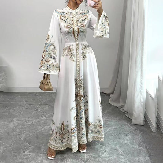 Robe Maxi Élégante à Col Montant avec Imprimé Floral – Manches Longues Fluides