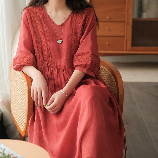 Robe artistique manches 3/4 à col V avec lacets
