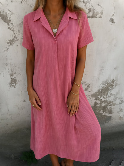 Robe Chemise Ample en Coton et Lin – Col V, Manches Courtes, Couleur Unie