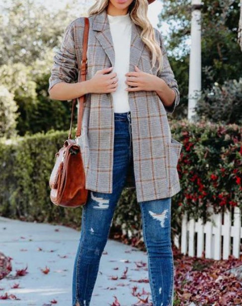 Veste de costume décontractée à col ouvert et imprimé à carreaux pour femme