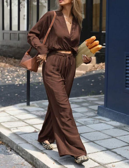 Costume haut à manches longues et col en v pour femmes, vêtements à la mode