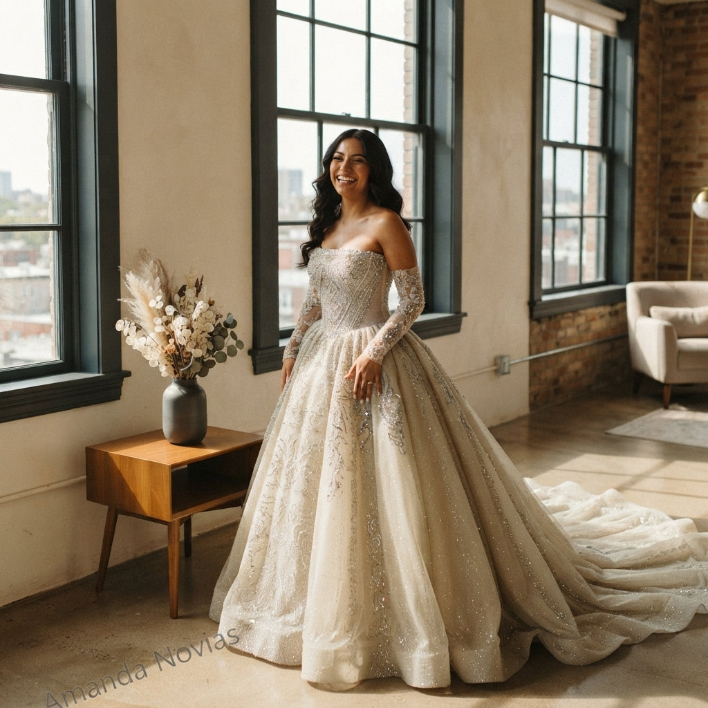A diverse bride wearing a beaded strapless wedding dress with detachable sleeves in a sunlit room with cream walls and charco