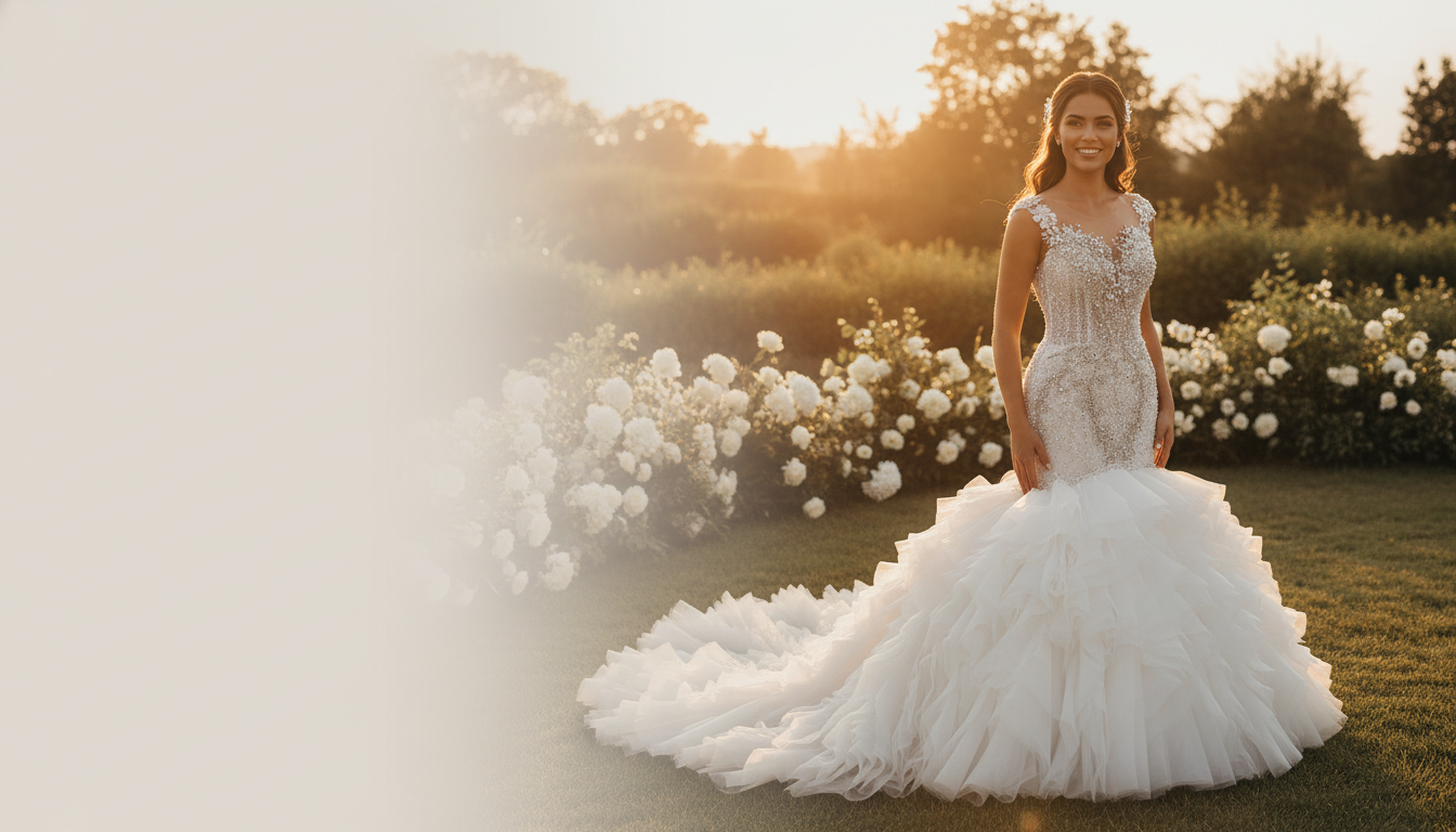 American bride in a Custom Ruffle Mermaid Wedding Dress, featuring a 2-in-1 design, stands at an outdoor wedding venue at sun