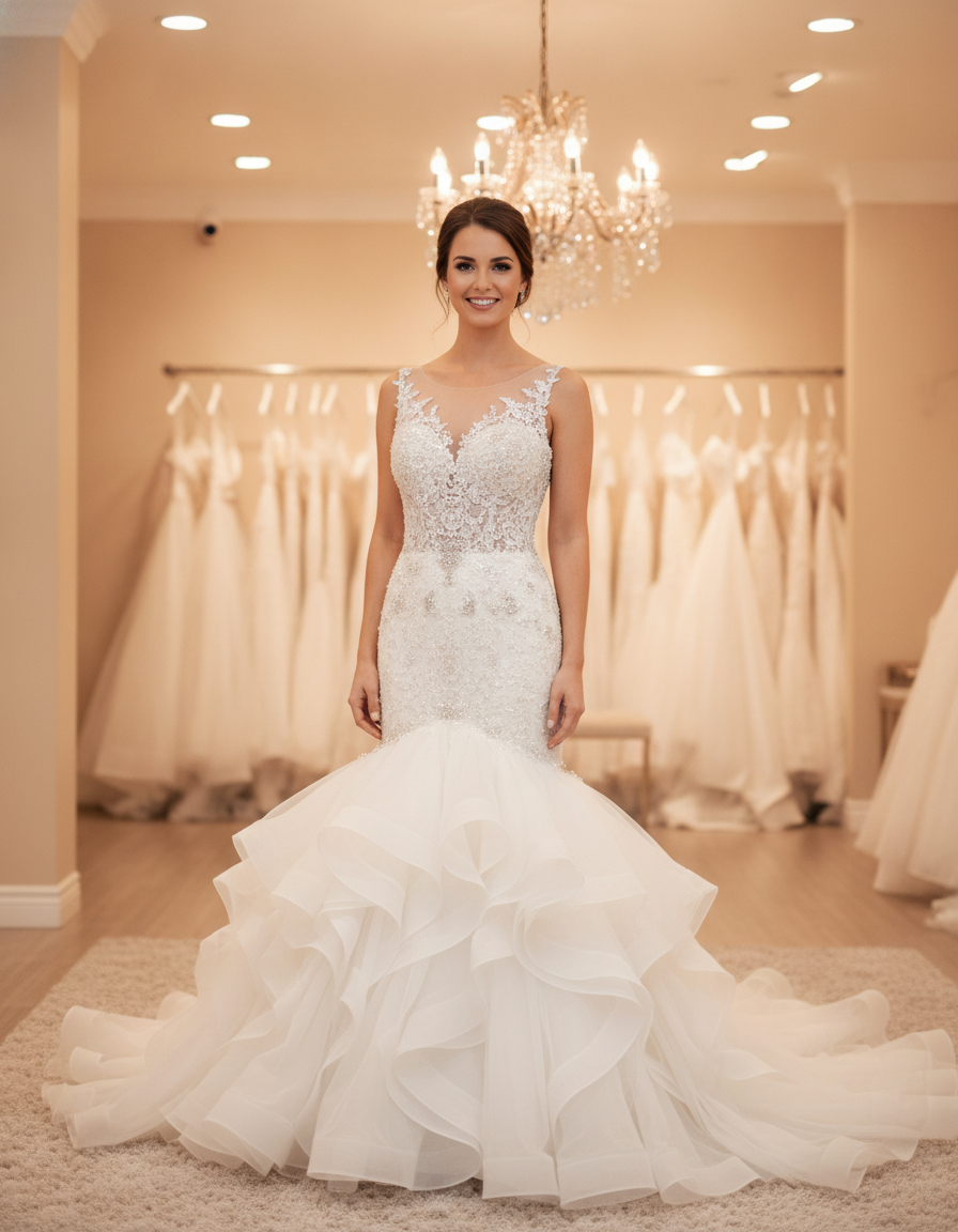 A smiling North American bride in a custom ruffle mermaid wedding dress, featuring a detachable ruffled overskirt, hand-place