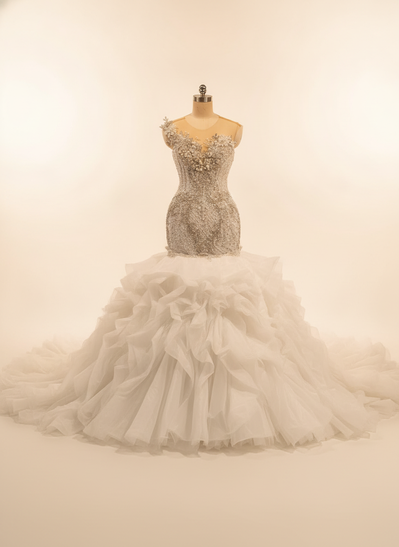 Custom ruffle mermaid wedding dress with an elegant 2-in-1 design and a dramatic ruffled skirt, displayed on a mannequin agai