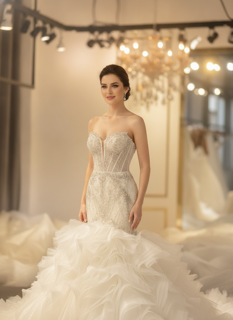 Bride in a white ruffled mermaid wedding dress stands elegantly in a modern bridal salon. The dress features a 2-in-1 design 