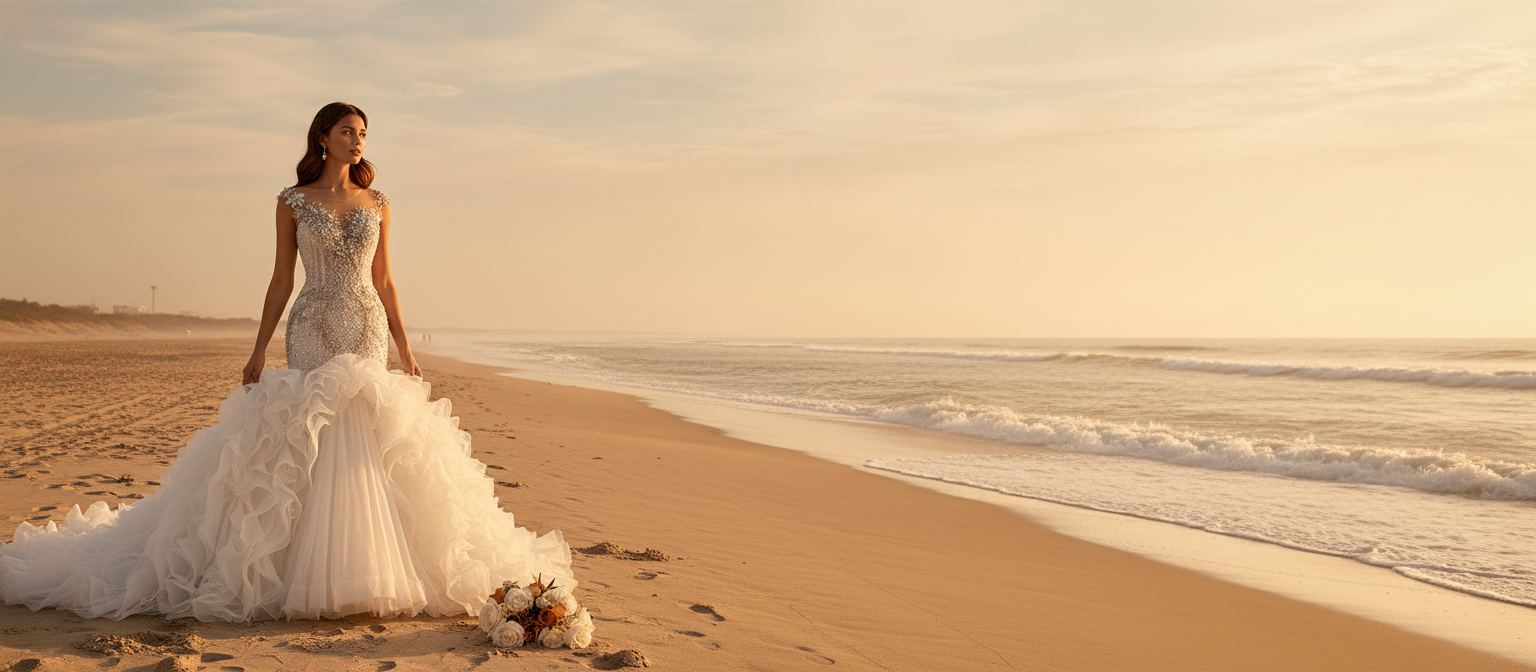 A bride in a Custom Ruffle Mermaid Wedding Dress stands on a beach at sunset, with the ocean and sky in the background.