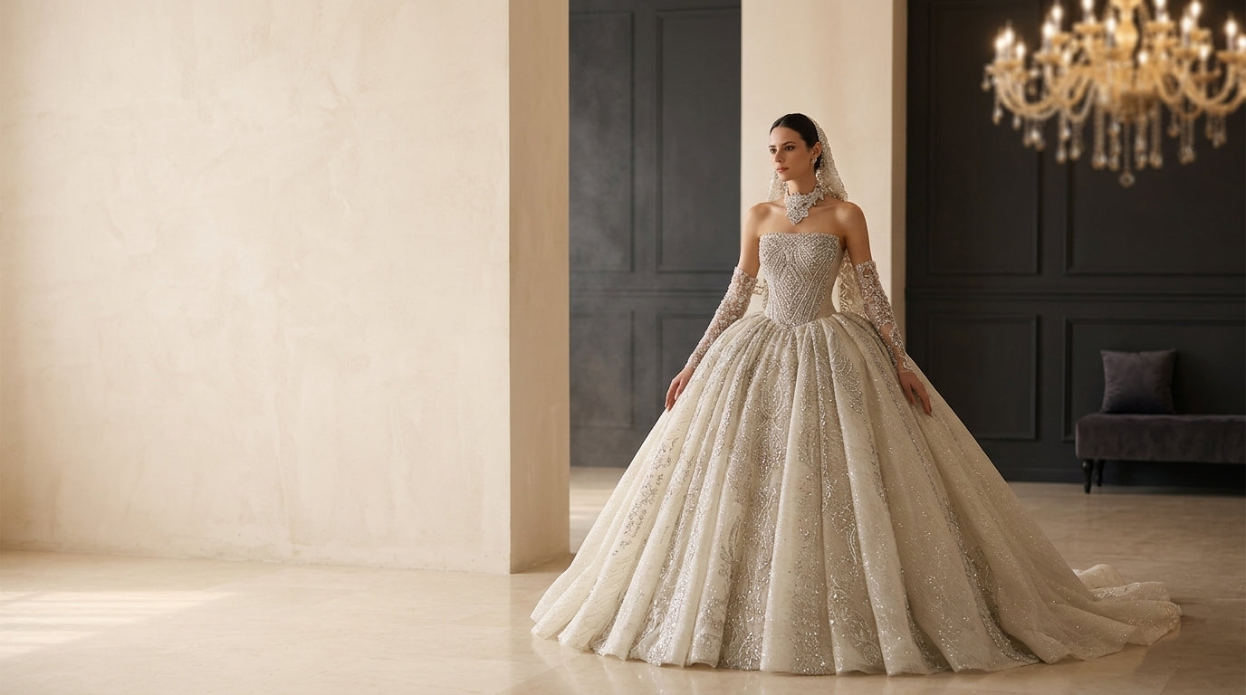 A bride in a beaded strapless wedding dress with detachable sleeves stands in a sunlit elegant room.