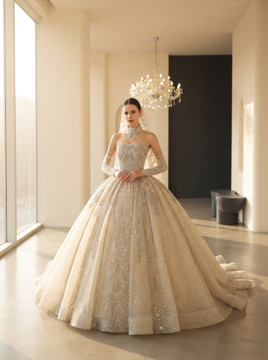 A bride wearing a beaded strapless wedding dress with detachable sleeves in a sunlit, minimalist room.