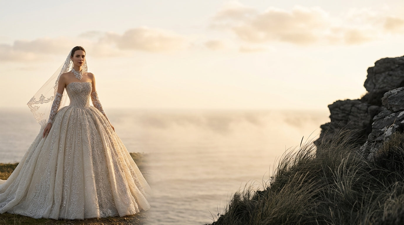 A bride in a beaded strapless wedding dress with detachable sleeves standing on a coastal cliffside at golden hour.
