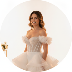 Portrait of Jessica Thorne smiling, wearing a custom ruffle mermaid wedding dress against a clean white background.