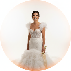 Circular portrait of Sarah Williams, a smiling bride, wearing a custom ruffle mermaid wedding dress, against a clean white ba