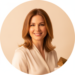Circular portrait of Amanda Blake smiling confidently against a warm cream background, lit with warm amber.