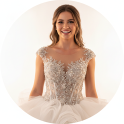 Portrait of Lauren Smith, a North American woman, smiling and wearing a custom ruffle mermaid wedding dress, against a clean 