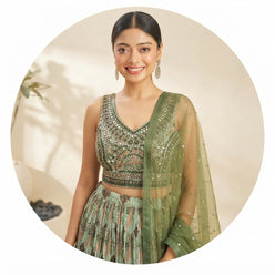 Embroidered Green Chinon Lehenga Choli - editorial-used-by