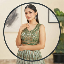 Embroidered Green Chinon Lehenga Choli - editorial-used-by
