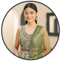 Embroidered Green Chinon Lehenga Choli - editorial-used-by